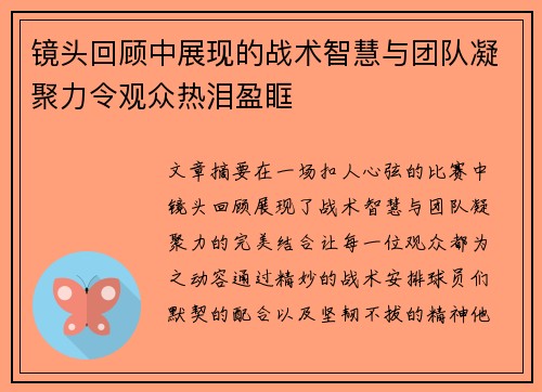 镜头回顾中展现的战术智慧与团队凝聚力令观众热泪盈眶