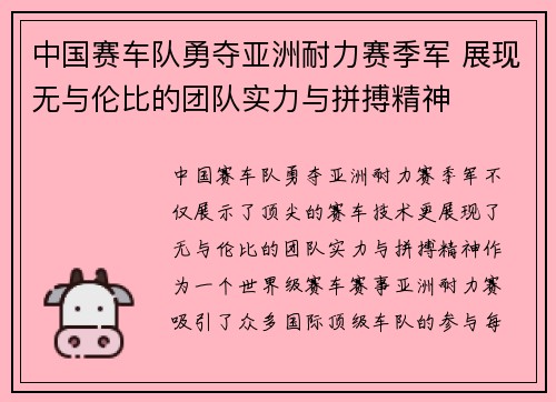 中国赛车队勇夺亚洲耐力赛季军 展现无与伦比的团队实力与拼搏精神