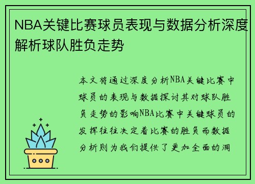NBA关键比赛球员表现与数据分析深度解析球队胜负走势