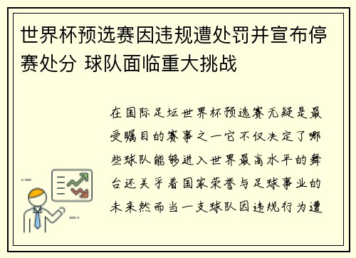 世界杯预选赛因违规遭处罚并宣布停赛处分 球队面临重大挑战