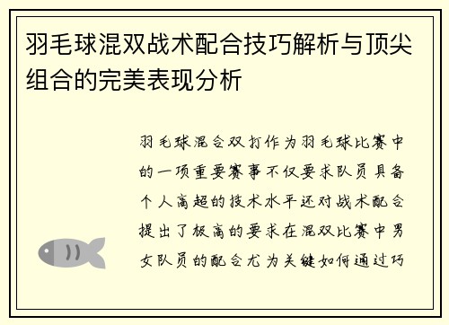 羽毛球混双战术配合技巧解析与顶尖组合的完美表现分析