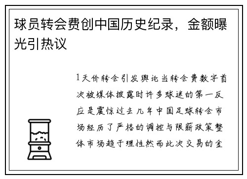 球员转会费创中国历史纪录，金额曝光引热议